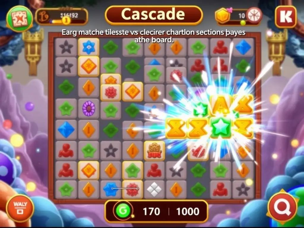 A screenshot of the 'Glory Lid' game showcasing the 'Cascade' feature, where matched tiles trigger a chain reaction, clearing large portions of the board and awarding bonus points.