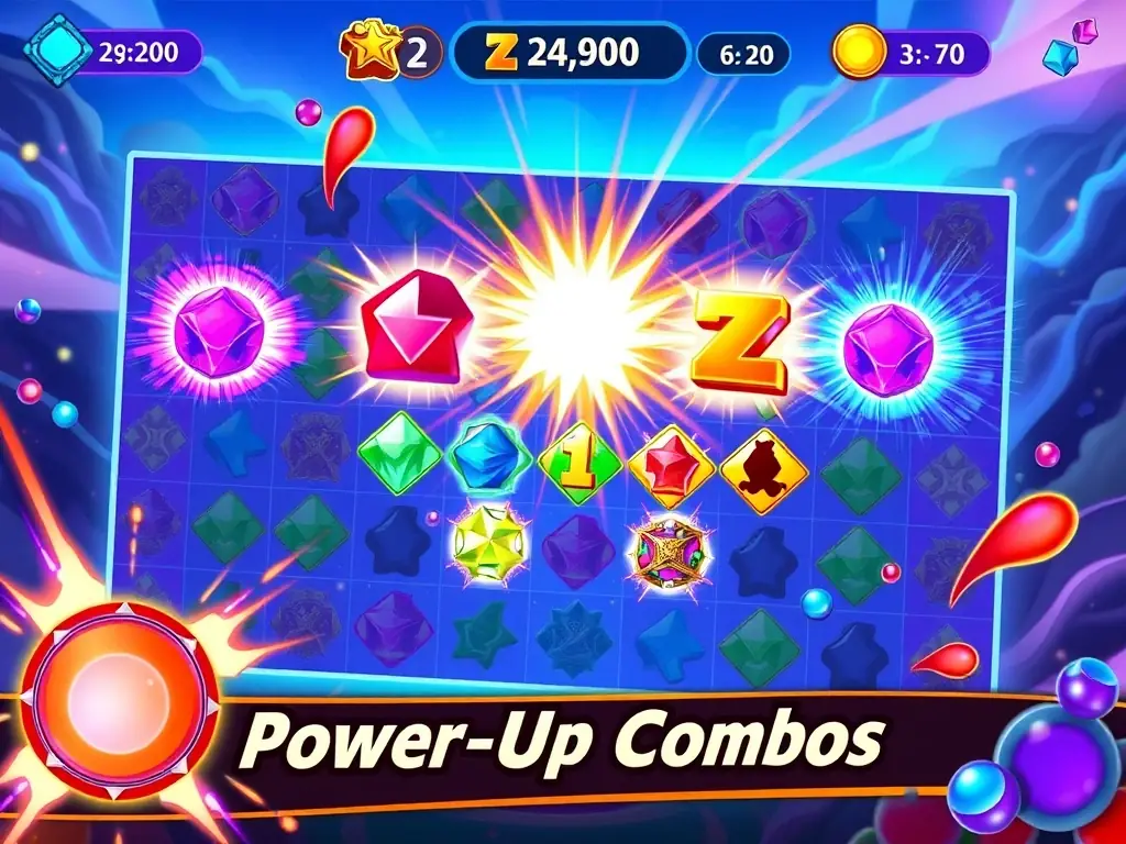 A screenshot of the 'Glory Lid' game displaying the 'Power-Up Combos' feature, where combining different power-ups creates devastating effects on the game board.